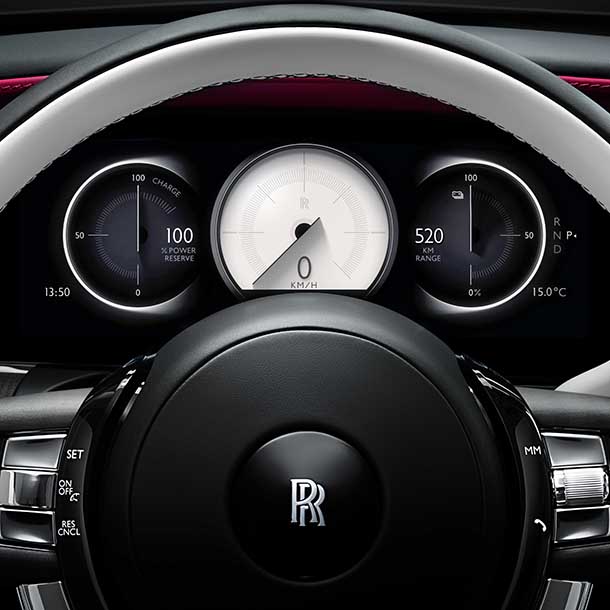Closeup of Rolls-Royce Spectre Electric dashboard and steering wheel